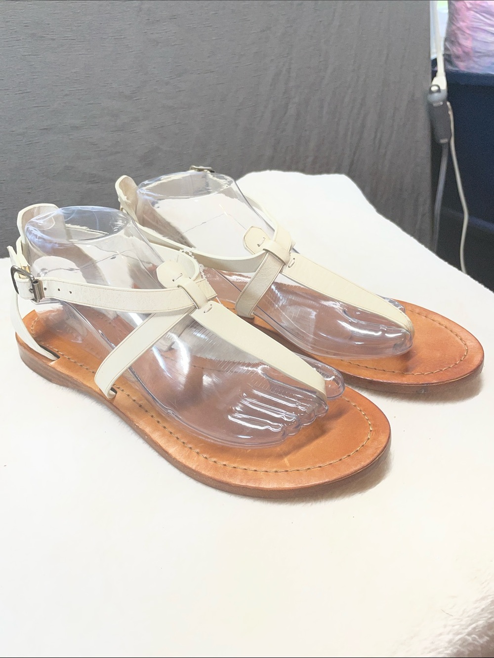 Frye Cream Leather T-Strap Sandals‎ with Tan Leather Sole